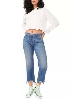 WE THE FREE BY FP Maggie Straight-Leg Jeans Size 24 Blue Raw Hem Mid-Rise NWOT